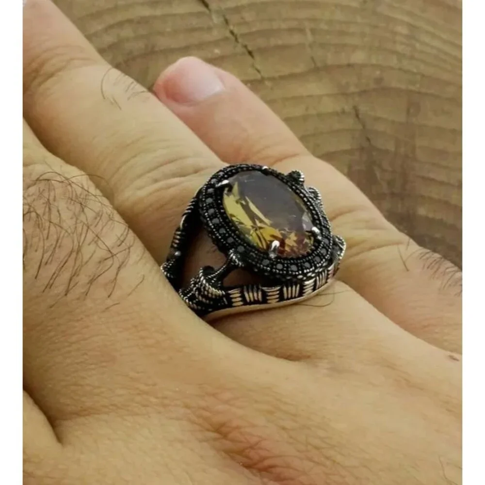 Mens Silver Scorpion Ring Large Yellow Stone Citrine Size 11
